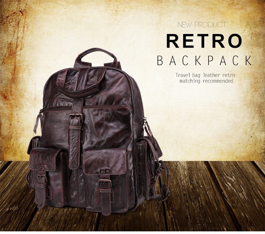 Product Display of Woosir Men Backpack Vintage Genuine Leather Travel Rucksack