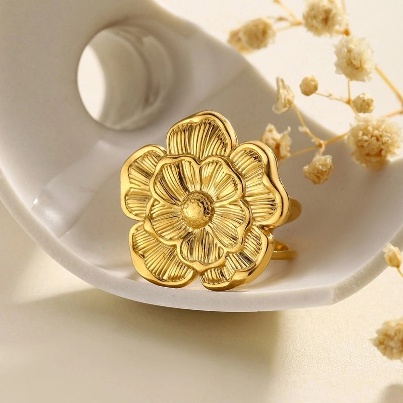 French Style Pastoral Solid Color Sunflower Flower Petal 304 Stainless Steel Open Rings