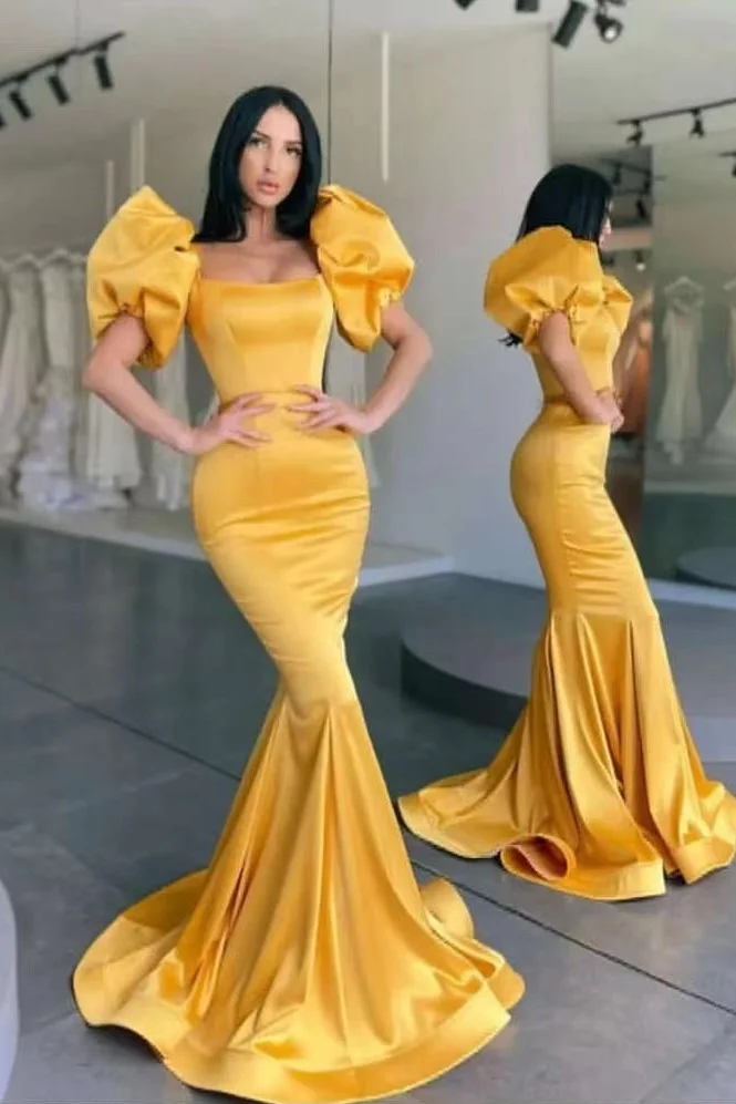 Pretty Yellow Mermaid Puff Sleeves Prom Dress | Ballbellas Ballbellas