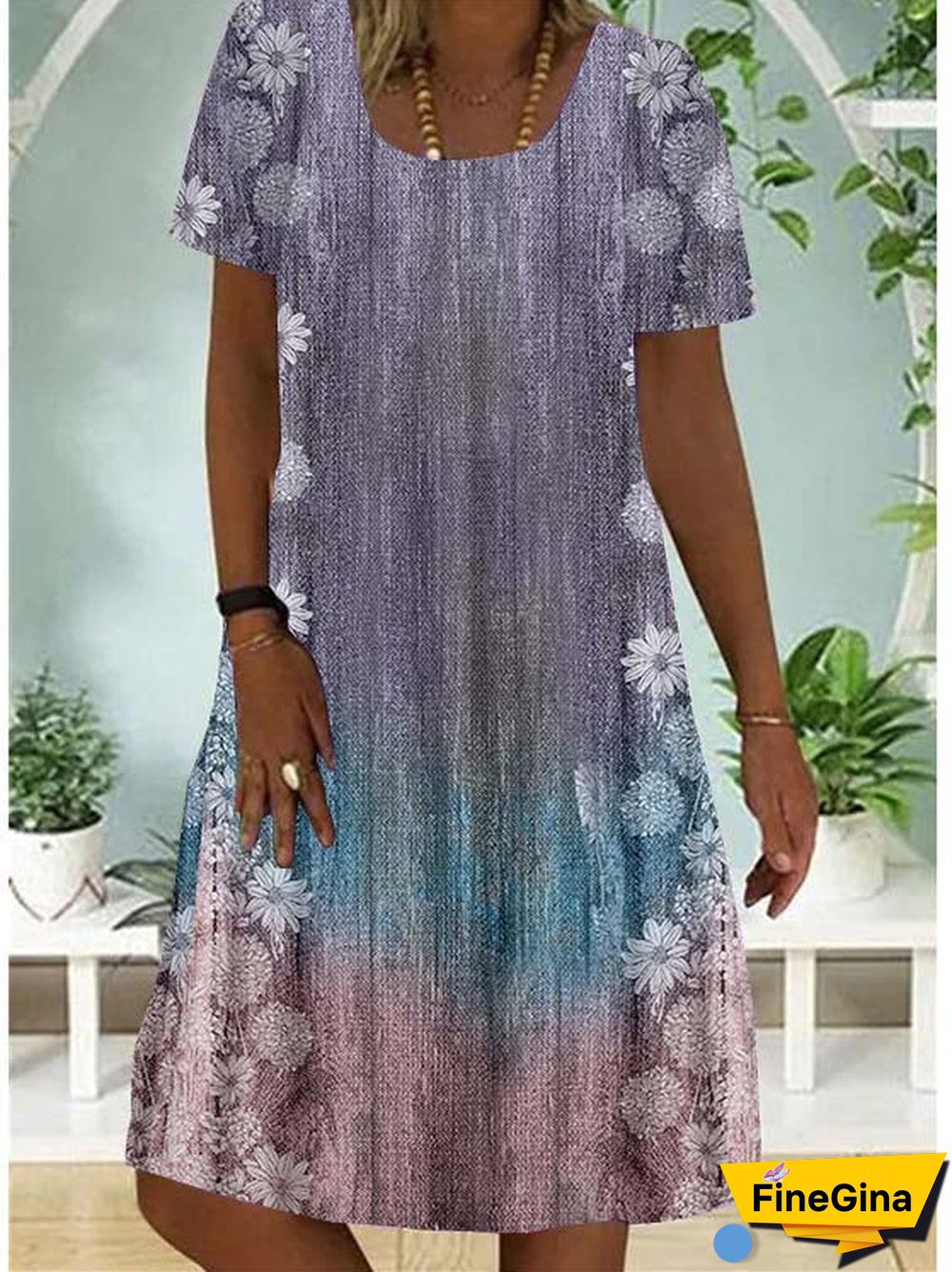 Women Casual Short Sleeve Scoop Neck Floral Printed Gradient Midi Dress