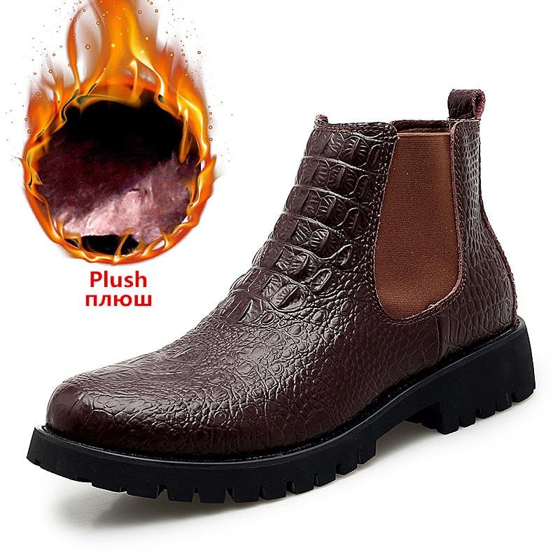 Canrulo New Winter Men Chelsea boots High Quality Leather Men's boots Fashion Casual Ankle Boots Fur Warm Snow Boots Motorcycle Boot