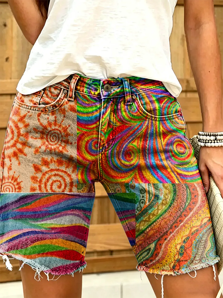 Women's Bohemian-Style Ethnic Floral Patchwork Art Print Frayed Denim Bermuda Shorts