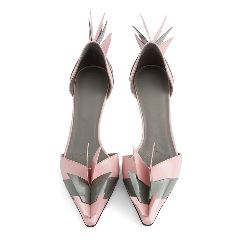 Pink & Gray Pointed Toe Flared Heel Pumps Shoes with Wing Decor