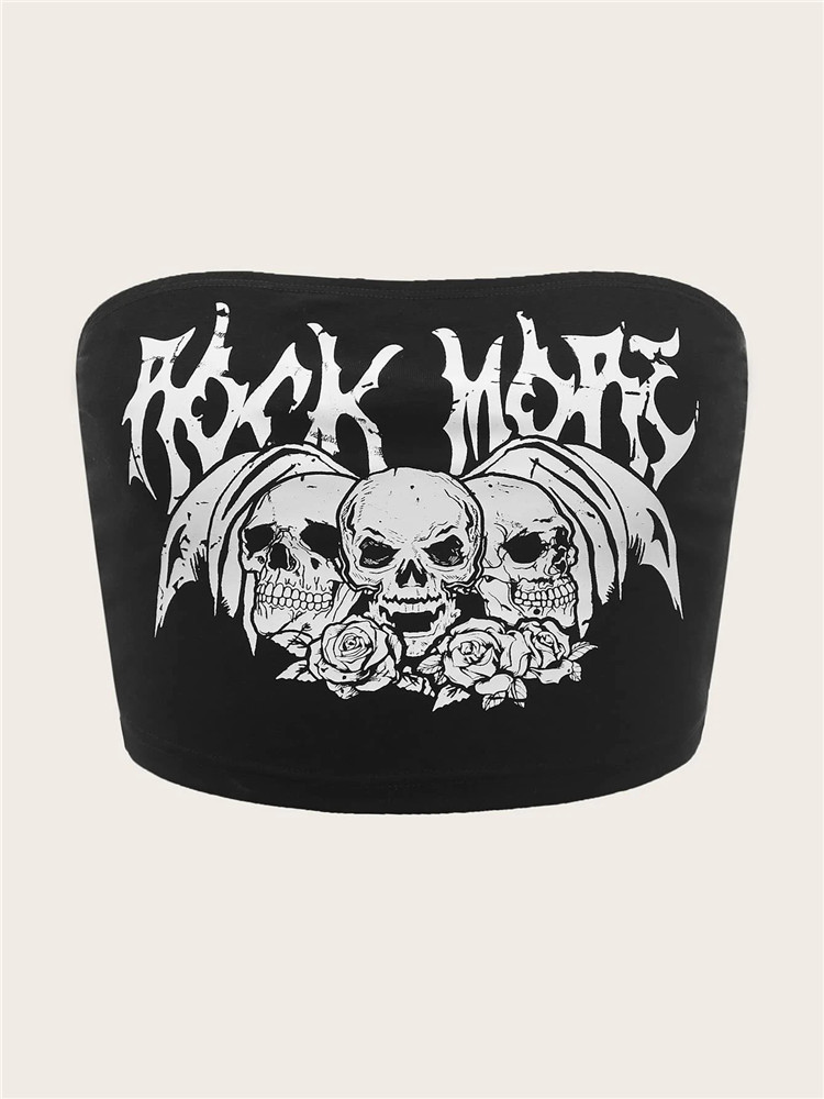 Gothic Punk Skull Letter Graphic Crop Top Women Y2K Vintage Grunge Summer Black Cute Crop Top Streetwear Corset Tops Clothes