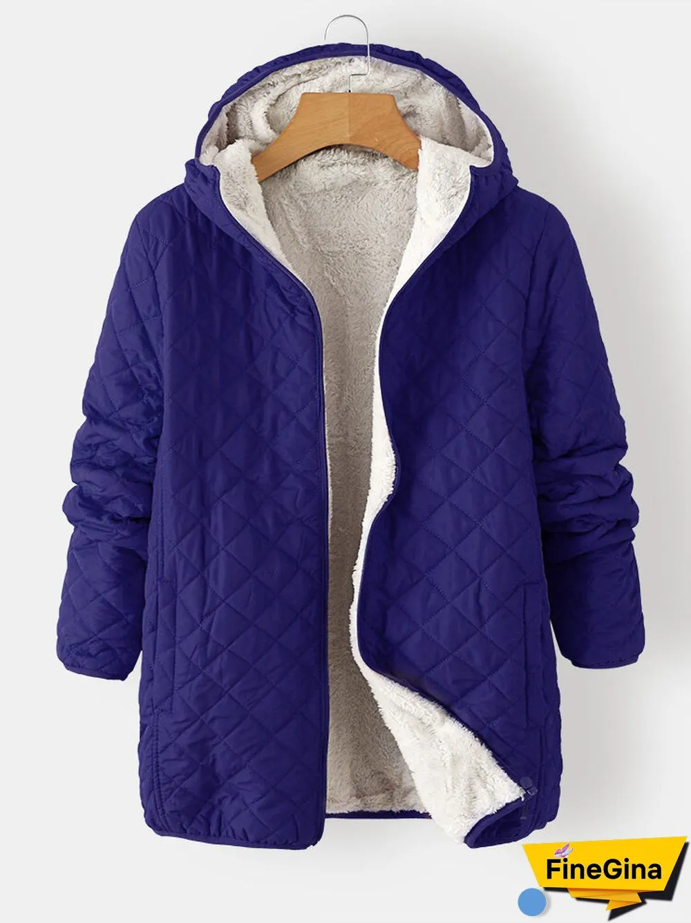 Solid Plush Zip Front Pocket Hooded Long Sleeve Coat