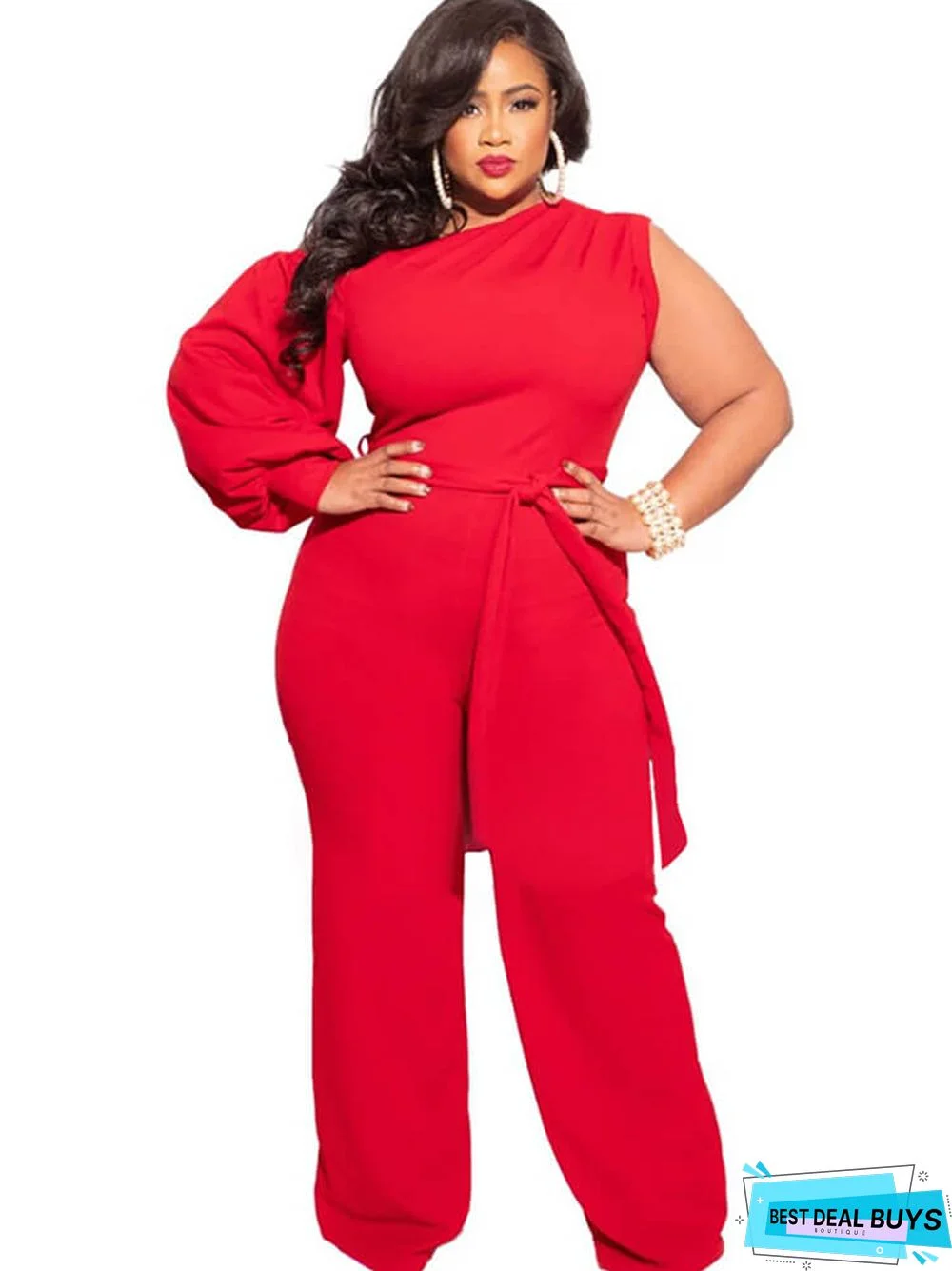 Plus Size Puff Sleeve Belted Wide Leg Pant Jumpsuits