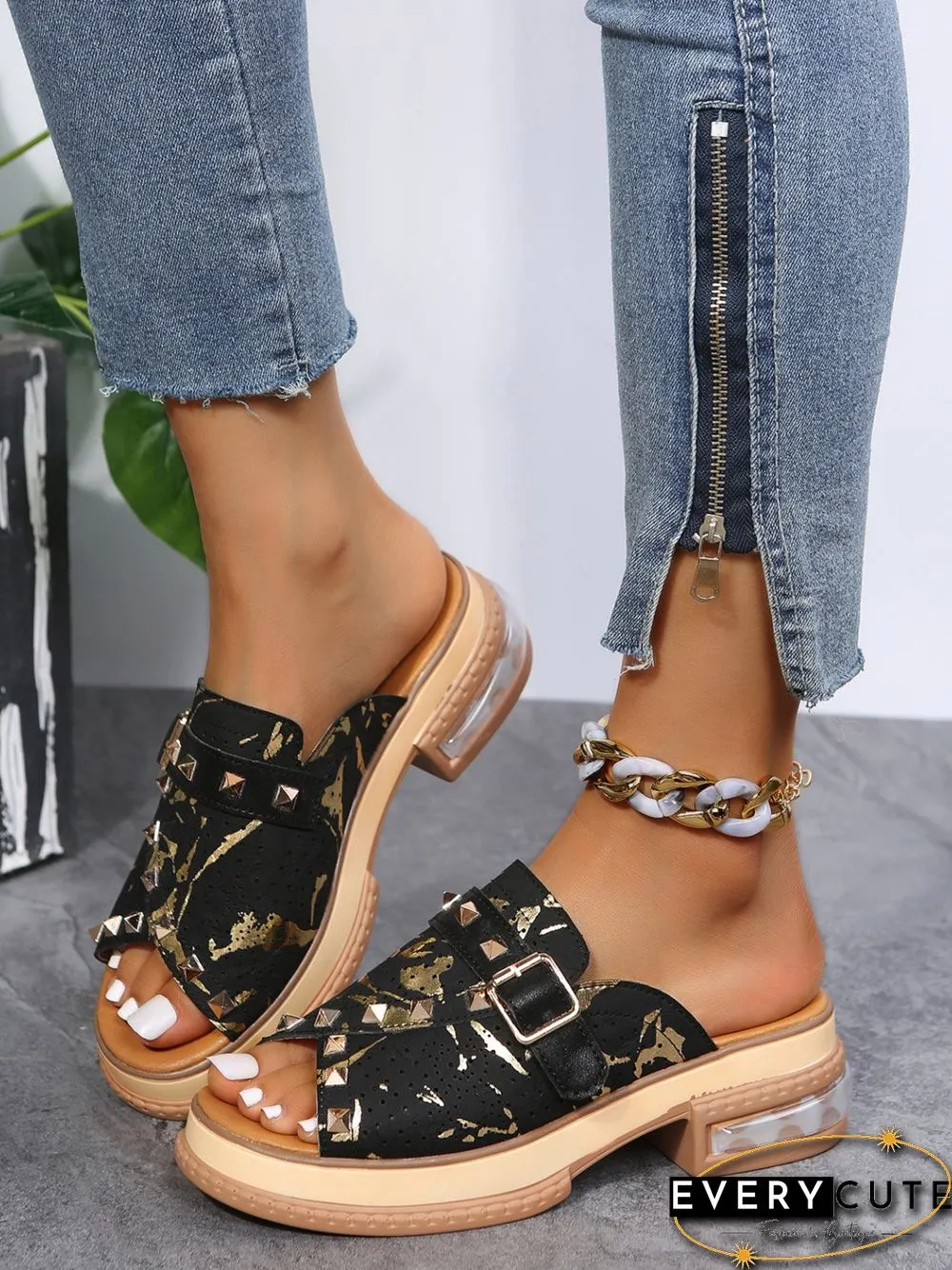 Urban Studded Snake Print Chunky Heel Slippers