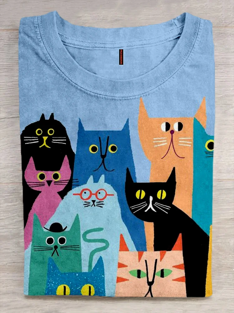 VChics Cute Crowded Cartoon Cats Graphic Comfy T Shirt