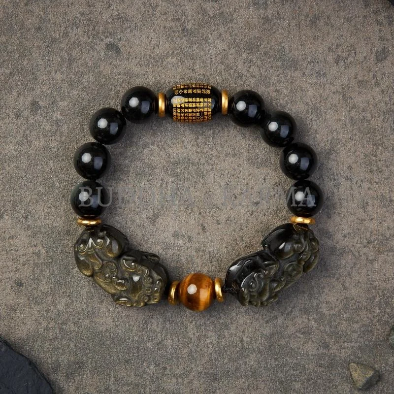 Natural Gold Obsidian Double Pixiu Bracelet