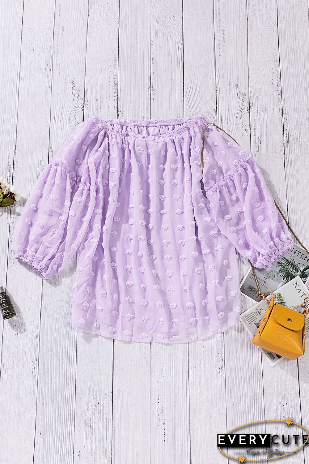 Purple Swiss Dot Off The Shoulder Blouse