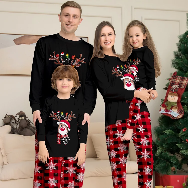 Happy New Year Christmas Reindeer Print Family Matching Pajamas Set