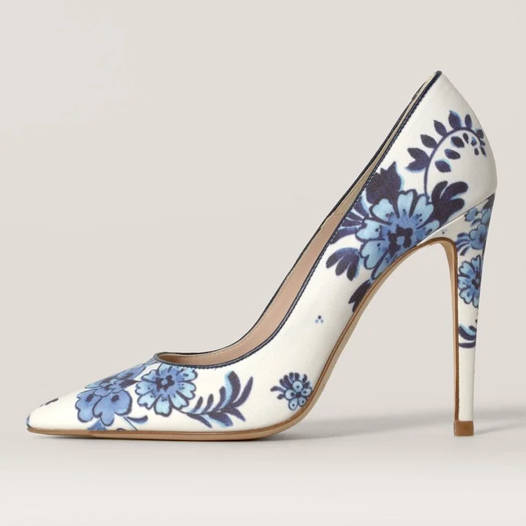 Women's White Pointed Toe Blue Floral Print Stiletto Heels Pumps |FSJ Shoes