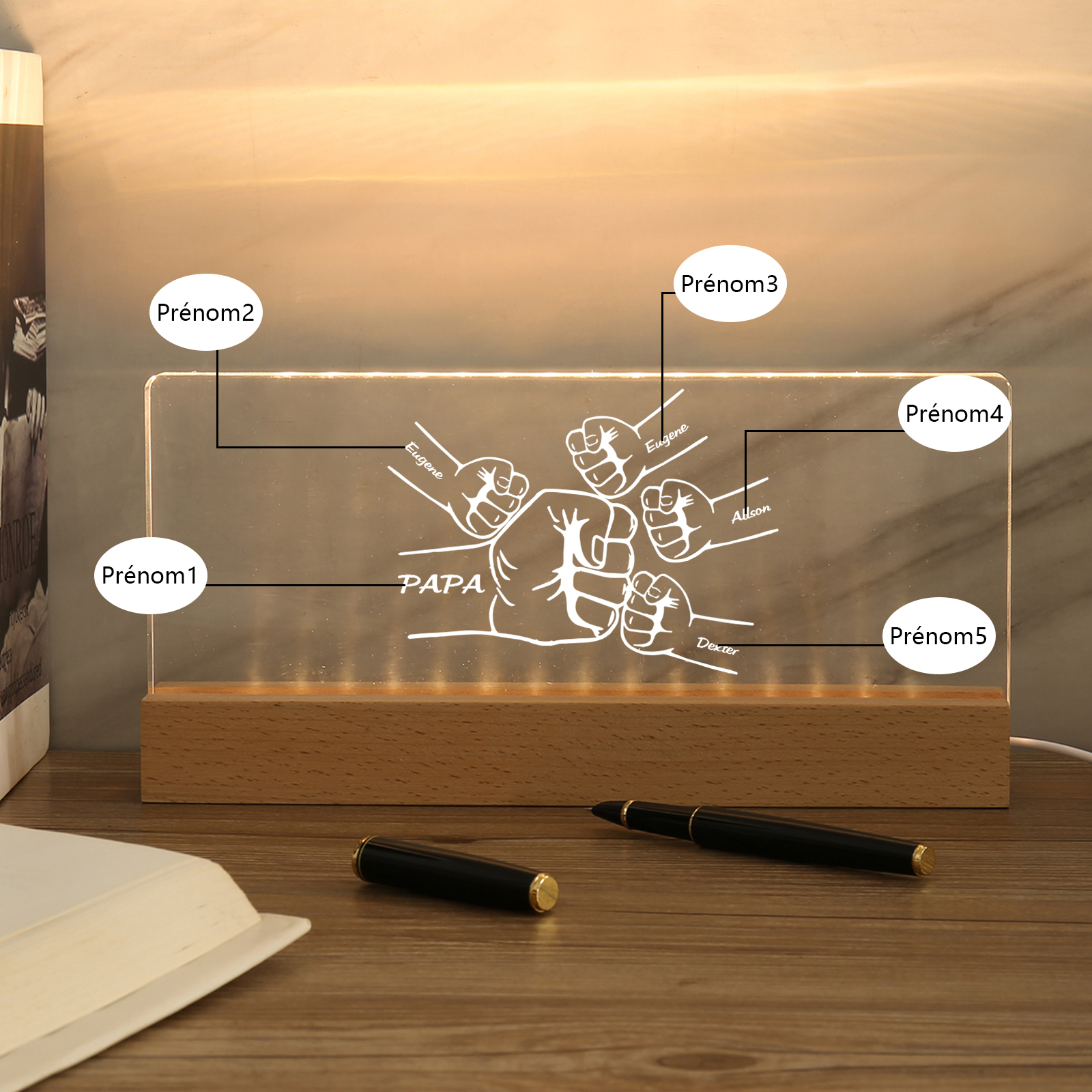 À mon Papa/Papi- Lampe de chevet LED Poings 5 Prénoms Personnalisés