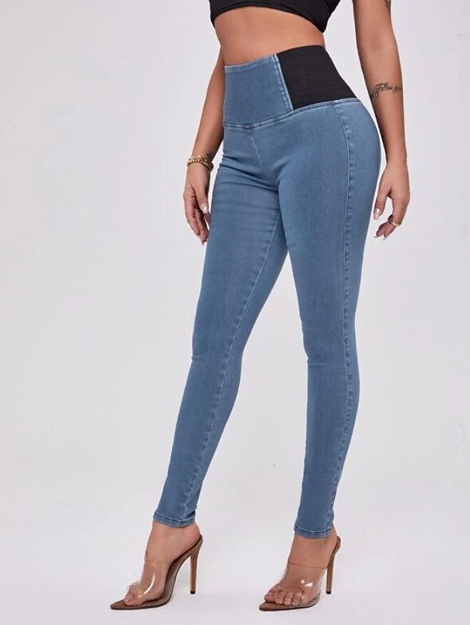 Women's Elastic Waistband Faux Denim Jeggings
