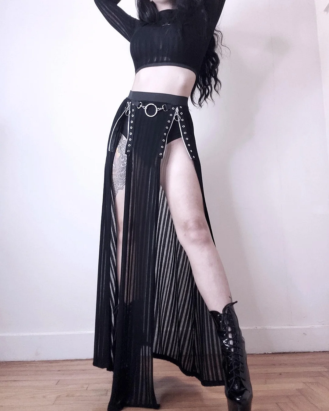 Jangj Gothic Fairy Skirt with Buckle Women Punk E Girl Sexy See Through Long Skirts Split Summer Emo Eyelet Bandage Black Mesh Skirt