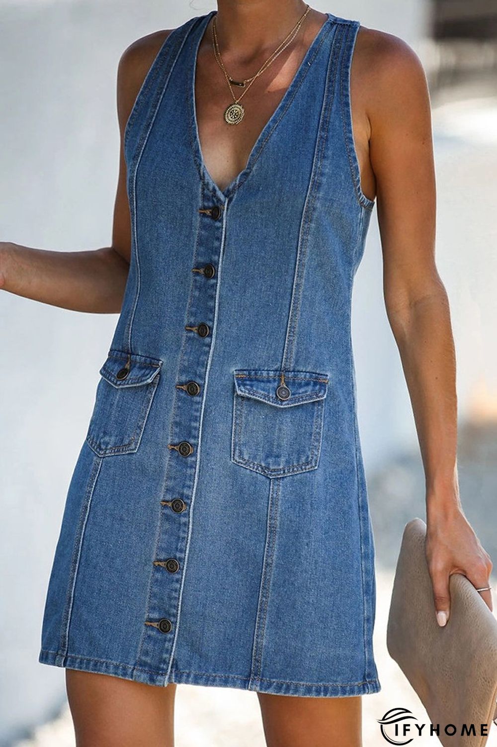 Denim Single-Breasted Sleeveless Dress | IFYHOME