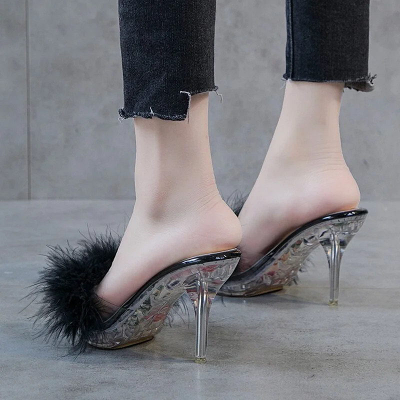 Sexy Stiletto Heels Fur Slippers For Women 2022 Summer Fashion Platform Sandals Woman Transparent Pvc Ladies Mules Shoes