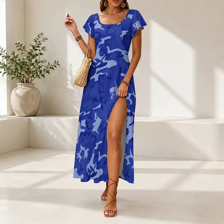 SFneewho® Women U-neck Maxi Dresses Bright Teal Blue Camo Print Royal Camouflage Two Tone Boho Split Sundress Cap Sleeve Flowy Beach Dress
