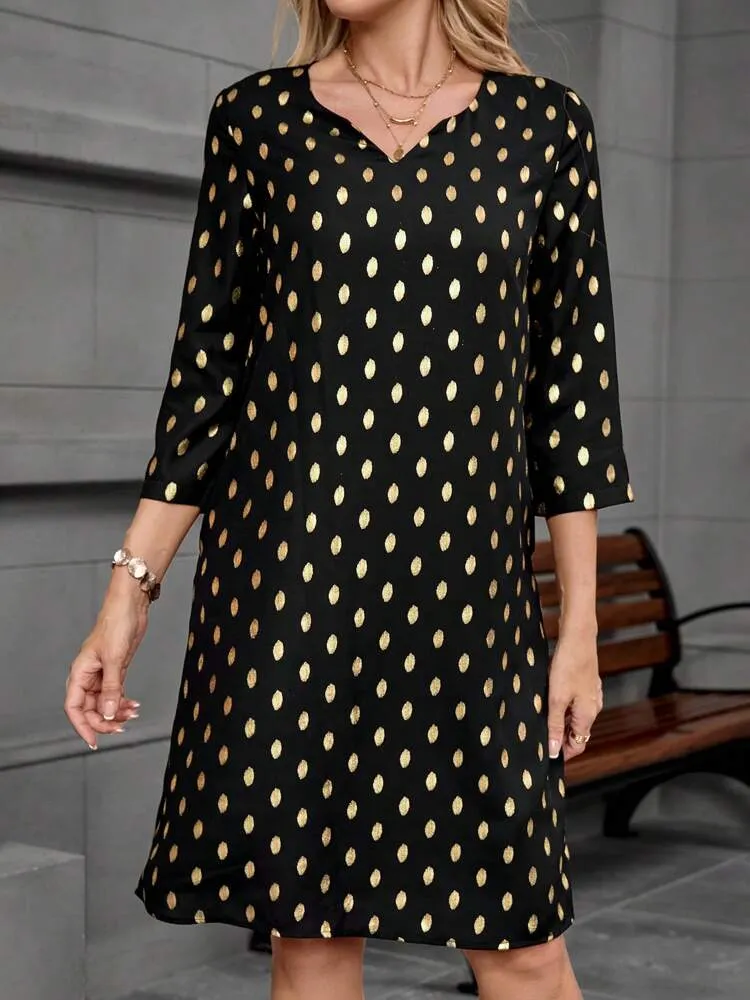 Women's Spring & Summer V-Neck 3/4 Sleeve Golden Dot Print Straight Dress