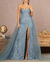 Glittery Embroidered Tulle Slit Overskirt Gown