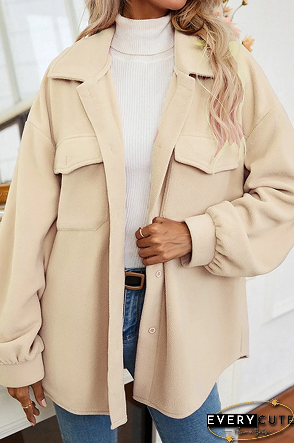 Elegant Solid Pocket Buckle Turndown Collar Outerwear