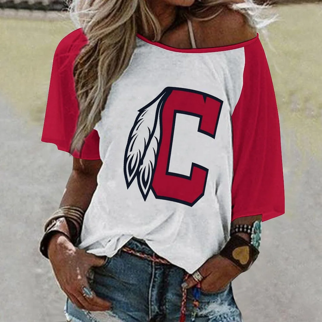 Shoulder Off  Loose Short Sleeve Casual T-shirt for Women Printed with Pattern,Navy,Red,White