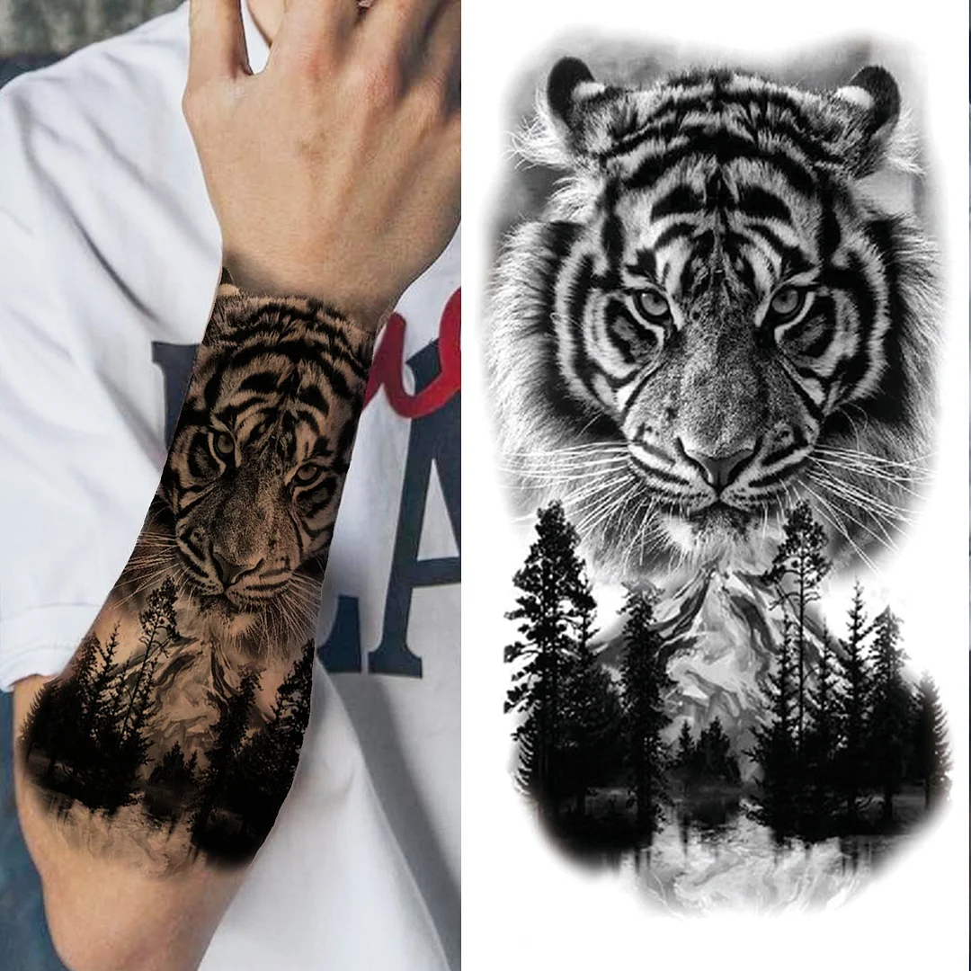 Cross Lion Temporary Tattoo For Women Men Adult Skull Tiger Wolf Forest Tattoo Sticker Black Fake Realistic Demon Tatoos Forearm 530-1