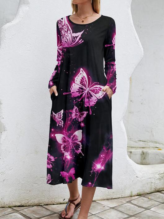 Women Long Sleeve Scoop Neck Animal Print Graphic Dress