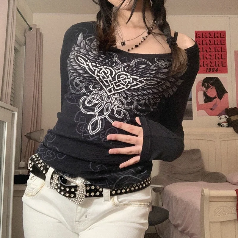 Gitana 2022 Retro Graphic Print Woman T Shirts Autumn Long Sleeve Fairy Grunge Tshirts Dark Academia Slim Crop Top Casual