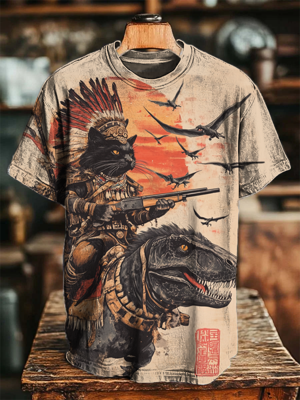 Men's Retro Tribe Cat Dinosaur Print Casual T-Shirt