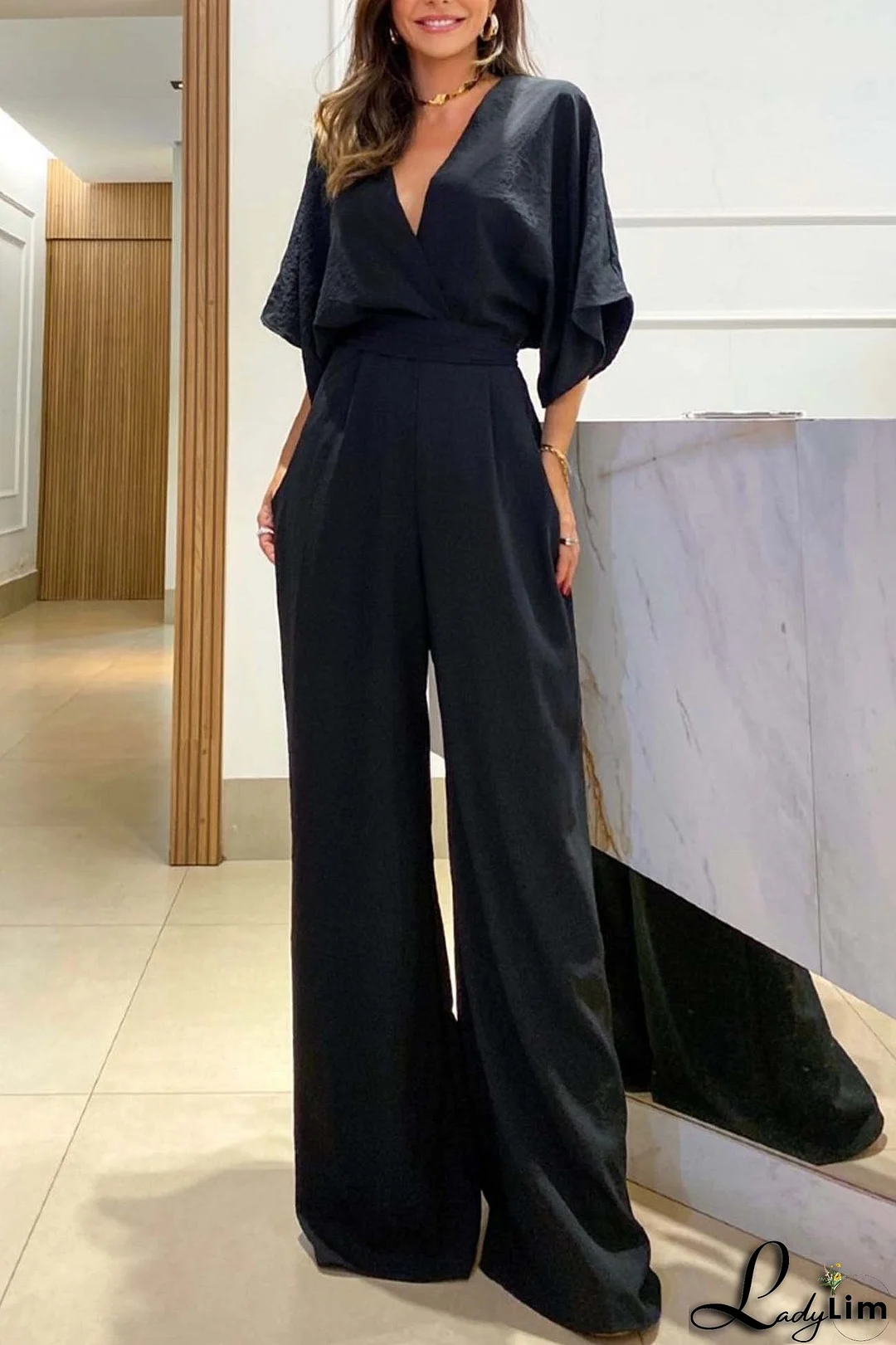 V Neck Batwing Sleeve Back Tie Jumpsuits