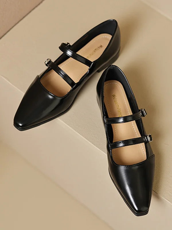 Belt Buckle Pointed-Toe Split-Joint Mary Janes Flat Shoes