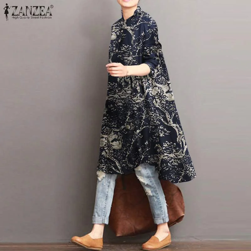 2022 ZANZEA Autumn Women's Asymmetrical Blouse Vintage Printed Long Shirts Casual Long Sleeve Blusas Button Tops Tunic