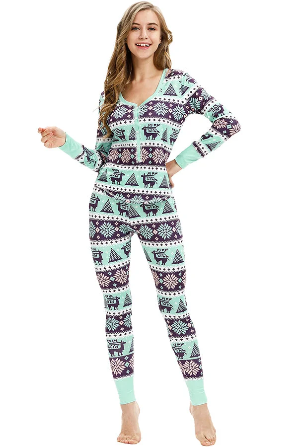Button Down Snowflake&Reindeer Print Christmas Pajamas Light Green-elleschic