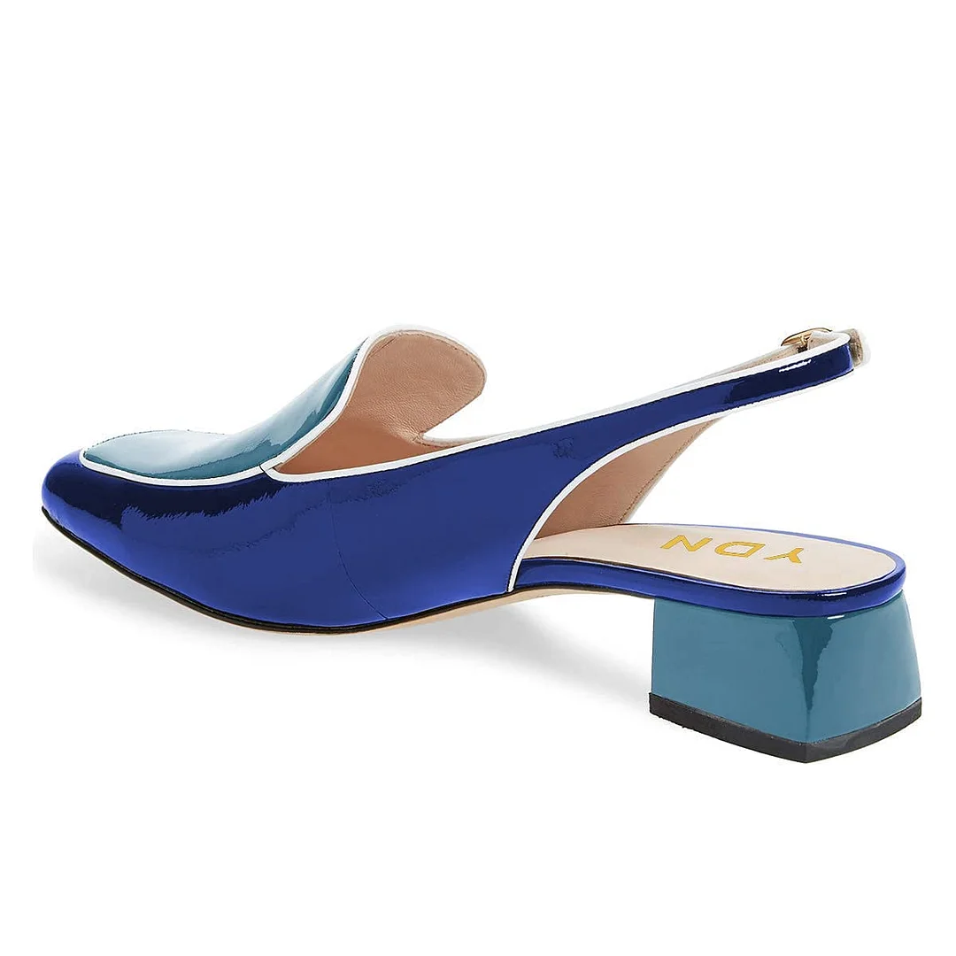 Blue Patent Leather Square-Toe Slingback Loafers with Chunky Heels
