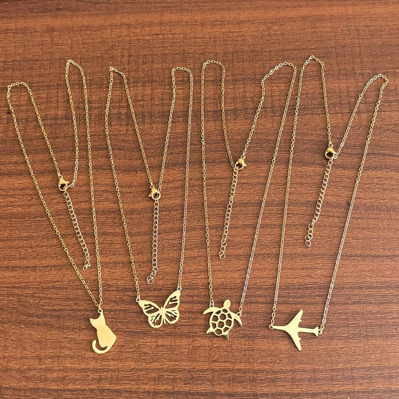 Sweet Minimalist Cat Butterfly Airplane 304 Stainless Steel 18K Gold Plated Plating Pendant Necklace