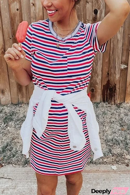 Red Blue Stripe Short Sleeve Mini Dress