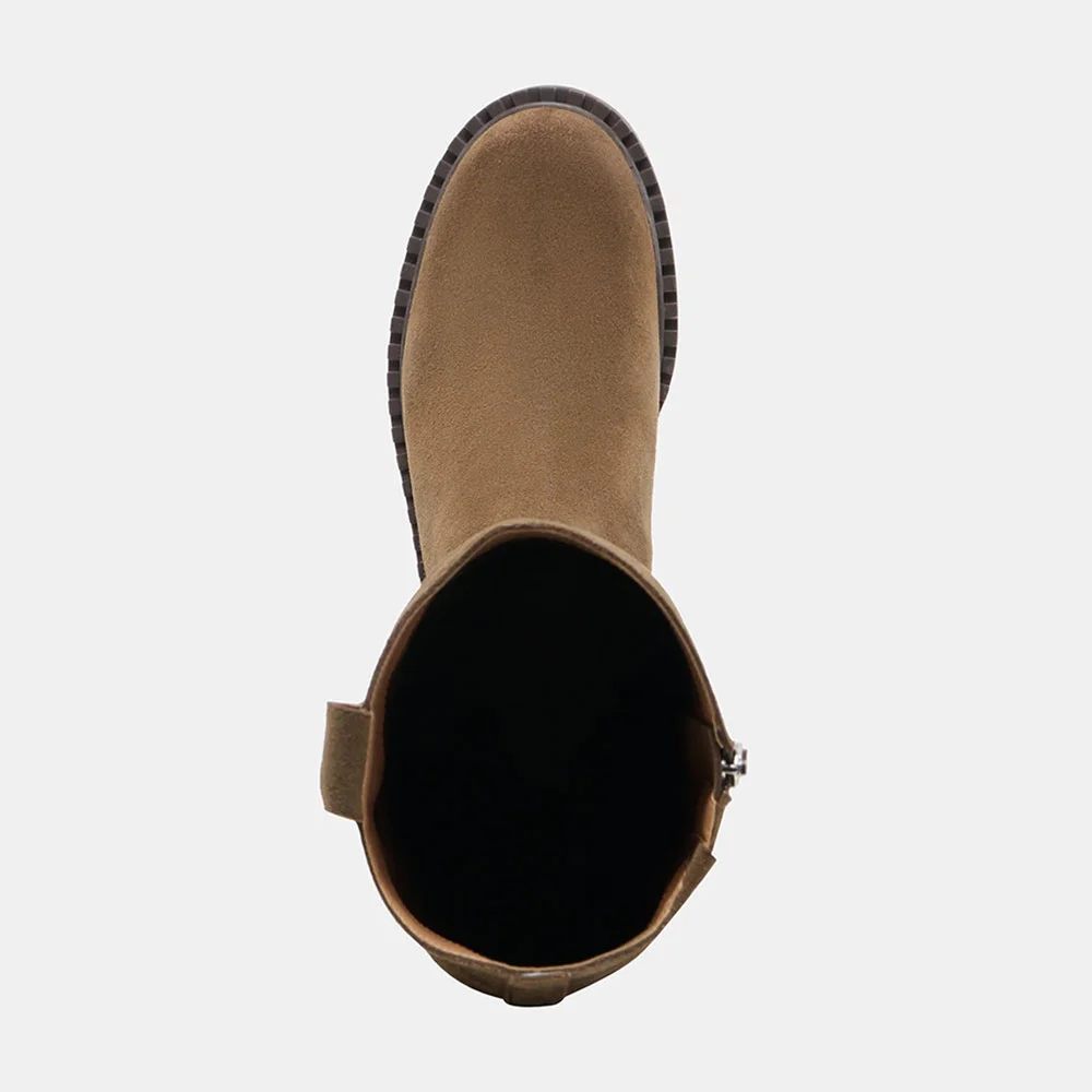 Tan Block Heel Round Toe Vegan Suede Long Fashion Boots for Women