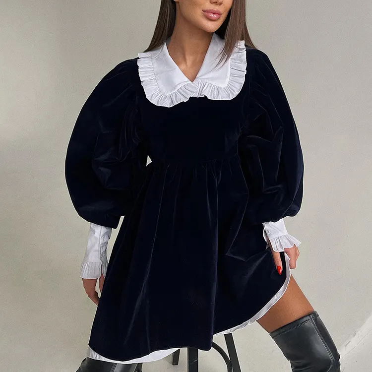 Churchf Churchf New Autumn And Winter Design Sense French Doll Collar Fashion Casual Velvet Little Black Dress Dress Shaggy Skirt Woman