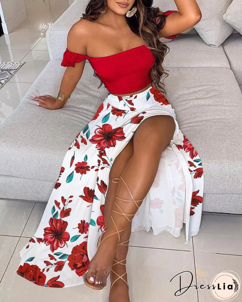 Off Shoulder Ruffles Top & Floral Print High Slit Skirt Set