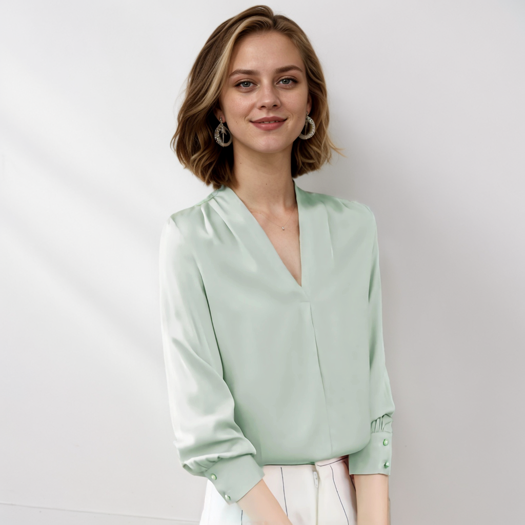 Spring V-neck Silk Shirt for Women REAL SILK LIFE