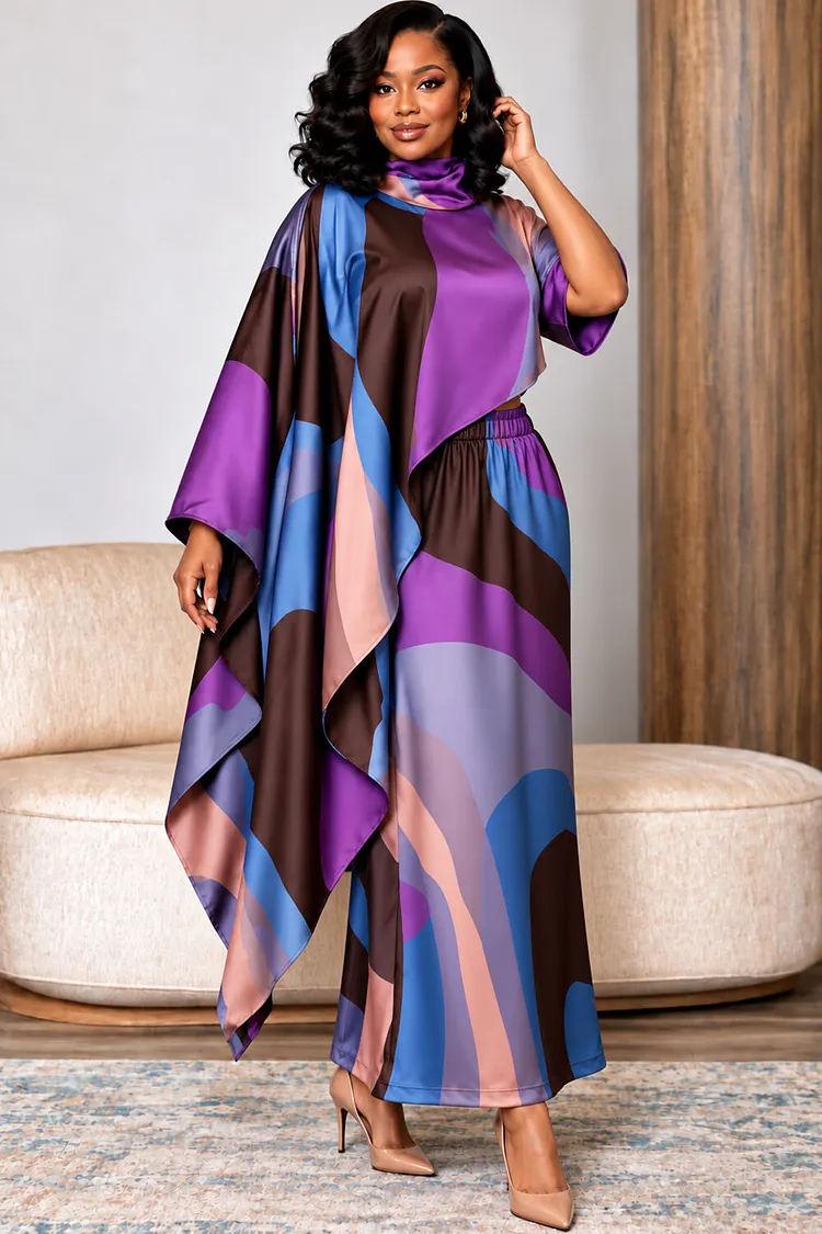 Xpluswear Design Plus Size Daily Purple All Over Print Stand-Up Collar Short Sleeve Asymmetric Hem Irregular Hem Pull-On Waist Satin Two Piece Skirt Sets [Pre-Order] 2024 - Xpluswear