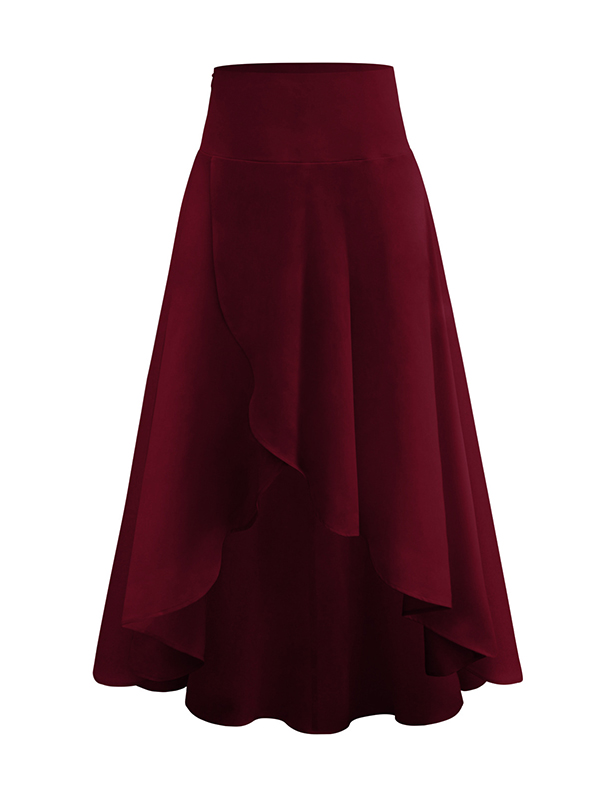 Simple  Asymmetric Split-Front Falbala Solid Color  Skirts Bottoms BURGUNDY-S