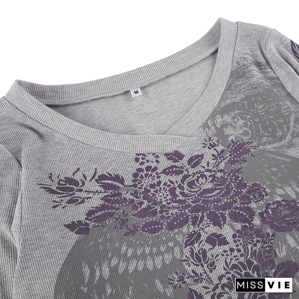Autumn Spring Women’s Harajuku Vintage Long Sleeve T-shirt Feather Wing Flower Printed Y2K Aesthetic Female Mujer Slim Fit Tops