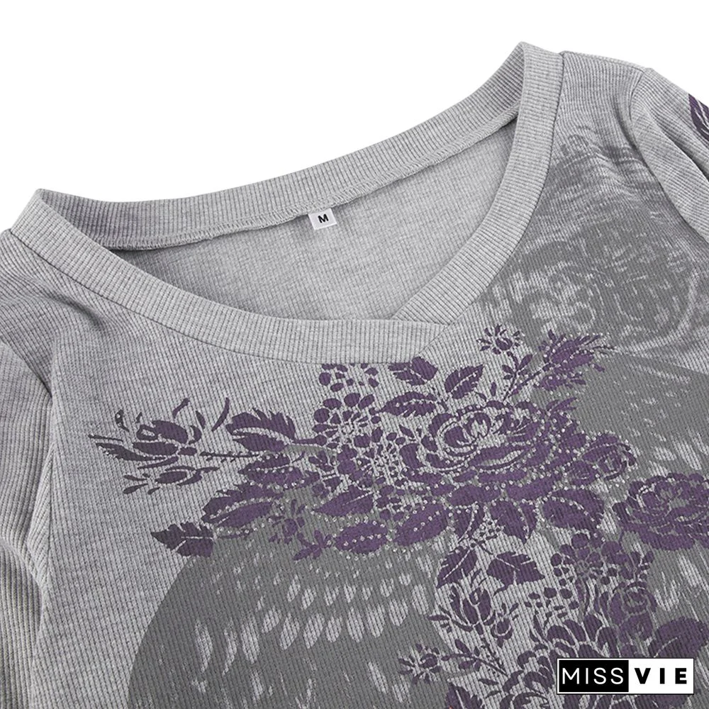 Autumn Spring Women’s Harajuku Vintage Long Sleeve T-shirt Feather Wing Flower Printed Y2K Aesthetic Female Mujer Slim Fit Tops