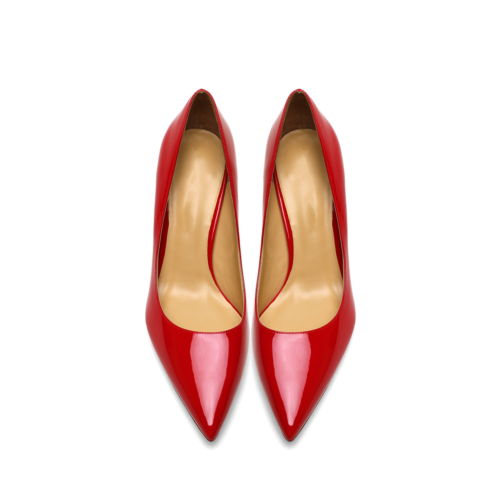 30mm Pointed Toe Low Chunky Heels Red Bottom Kitten Heels Daily Patent Pumps for Women-MERUMOTE