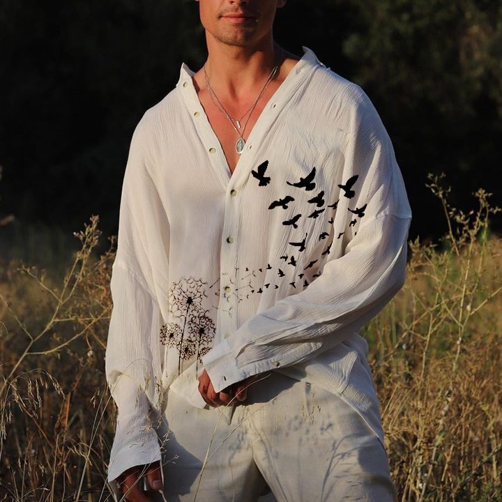Dandelion flying birds men's cotton linen long sleeved shirt top