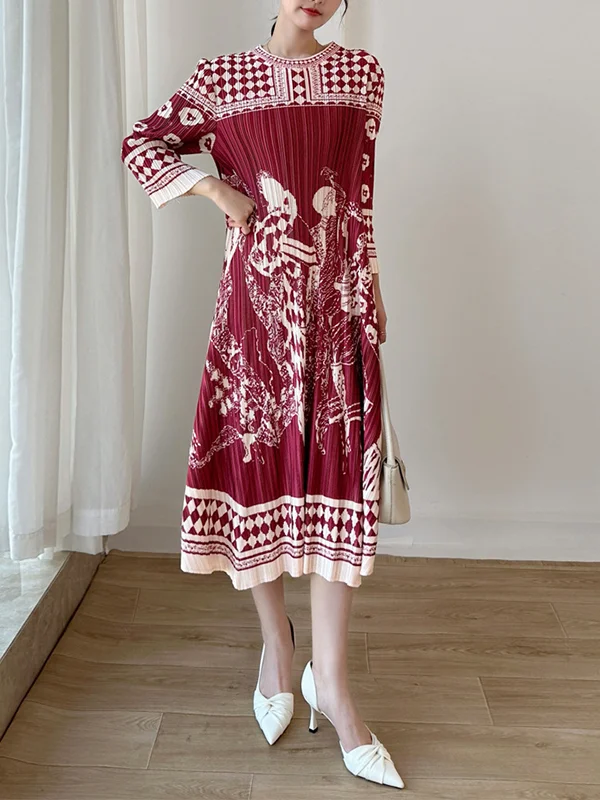 Printed Pleated Nine-Minute Sleeve Loose Round-Neck Midi Dresses