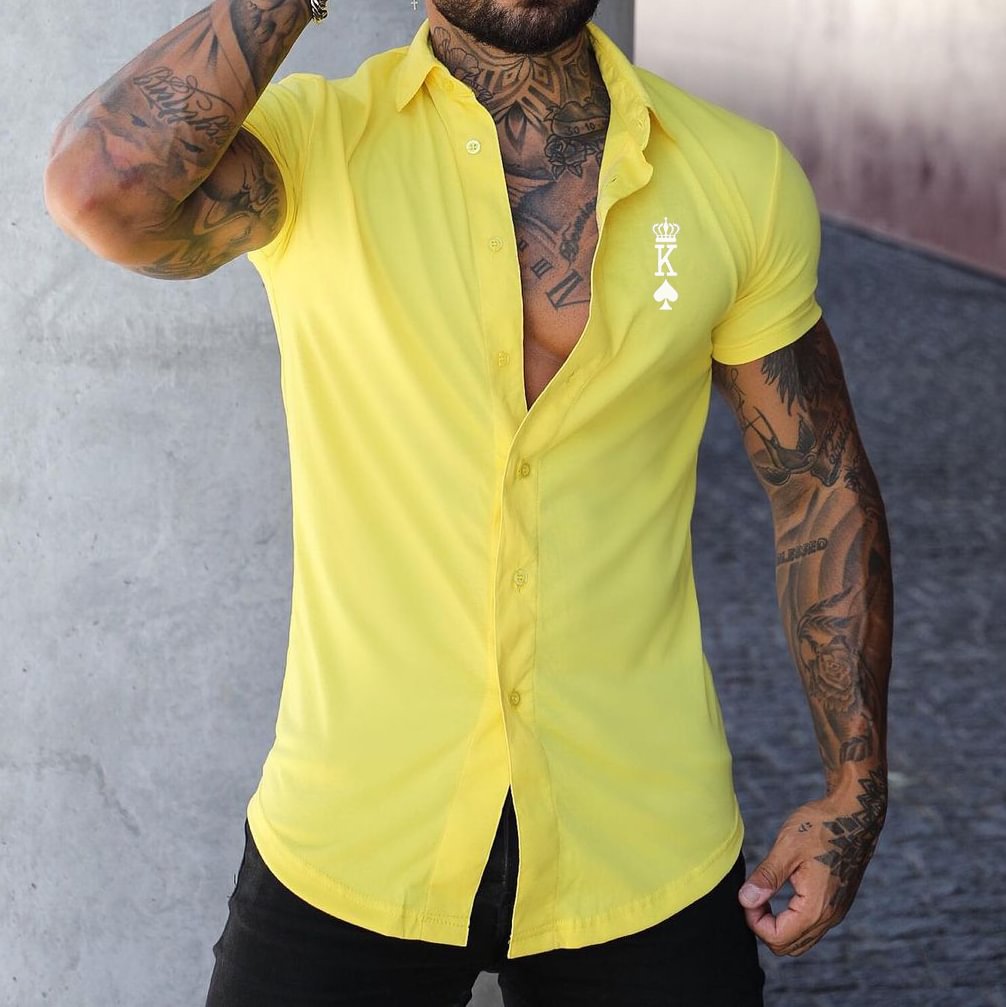 Men's Fashion Crown Poker K Print Casual Slim Short Sleeve Shirt、、URBENIE