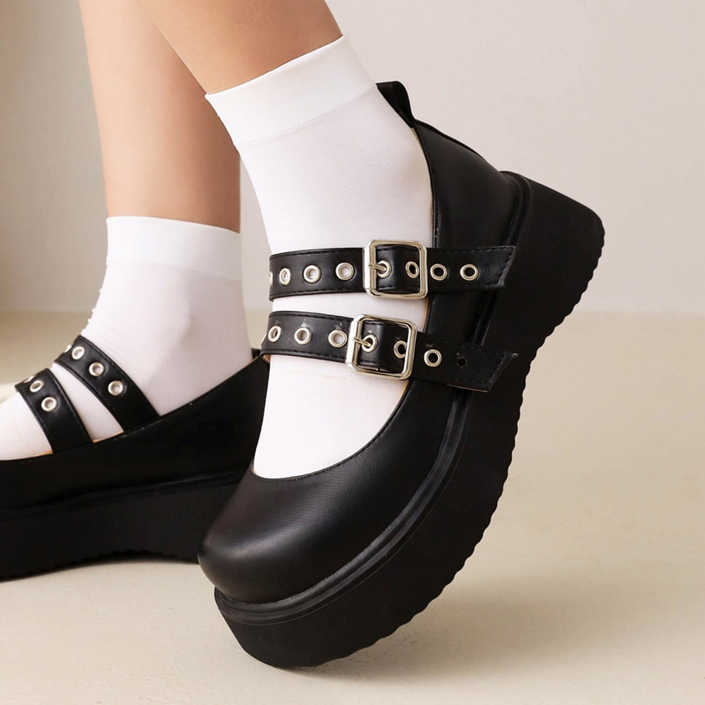 Black Vegan Leather Closed Toe Low Chunky Heel Mary Jane Shoes Nicepairs